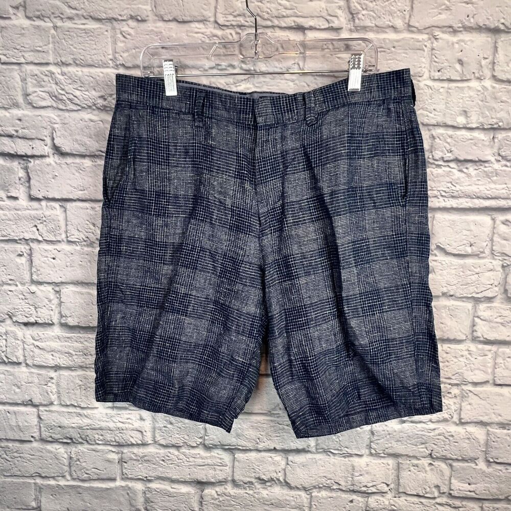J Crew Club Men's 100% Linen Blue Plaid Chino Shorts Flat Front Size‎ 34 10.5 L